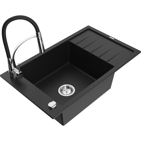 Mexen Elias Granitspüle 1-Becken mit Abtropffläche und Küchenarmatur Aster, schwarz - 6511-77-73450-07