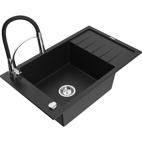 Mexen Elias Granitspüle 1-Kammer mit Abtropffläche und Küchenarmatur Aster, schwarz - 6511-77-73450-07