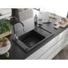 Mexen Elias Granitspüle mit 1 Becken, Abtropffläche und Küchenarmatur Aster, schwarz - 6511-77-73450-07-B