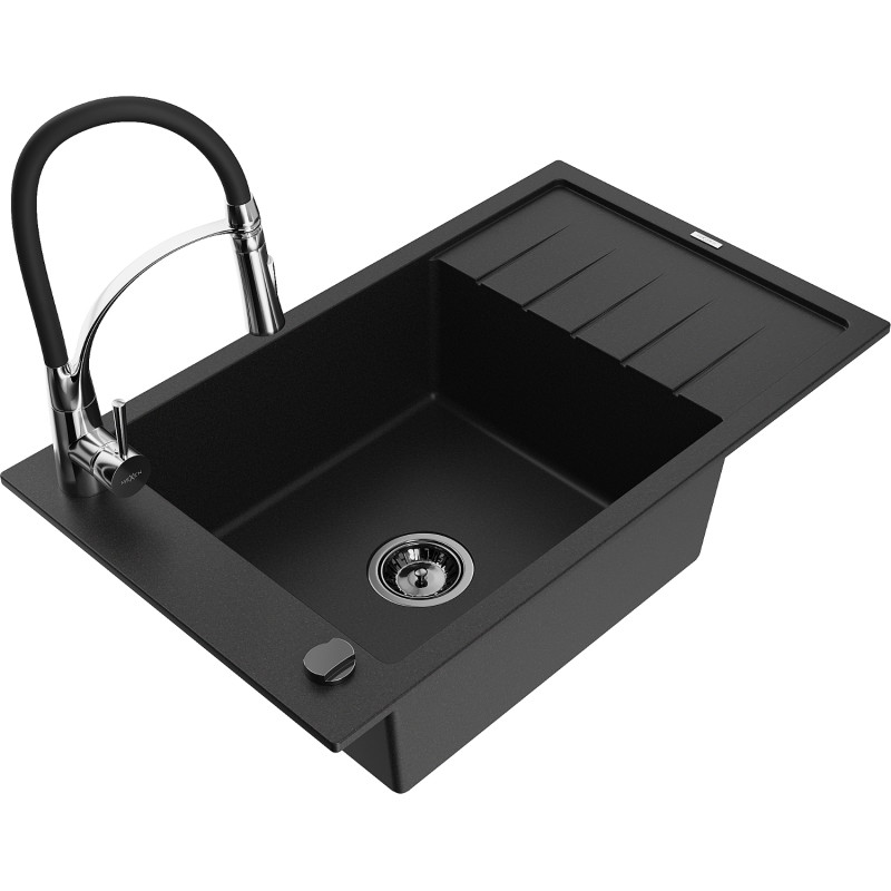 Mexen Elias Granitspüle 1-beckig mit Abtropffläche und Küchenarmatur Aster, schwarz - 6511-77-73450-07-B
