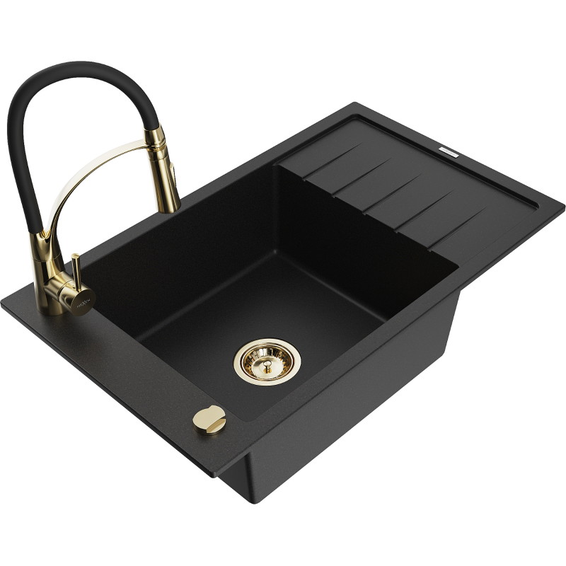 Mexen Elias Granitspüle 1-Becken mit Abtropffläche und Küchenarmatur Aster, schwarz - 6511-77-73450-57-G