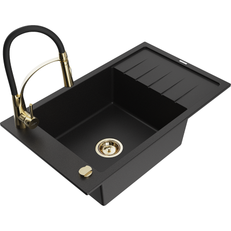 Mexen Elias Granitspüle 1-Becken mit Abtropffläche und Küchenarmatur Aster, schwarz - 6511-77-73450-57-G