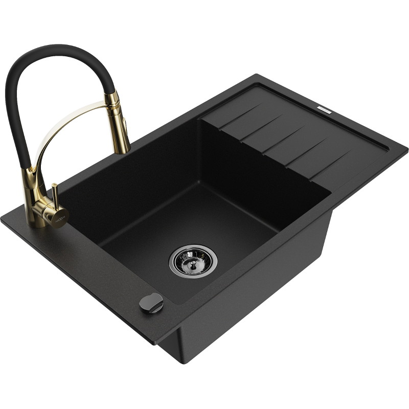 Mexen Elias Granitspüle 1-Becken mit Abtropffläche und Küchenarmatur Aster, schwarz - 6511-77-73450-57-B