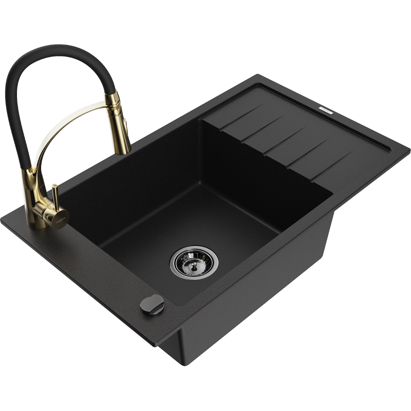 Mexen Elias Granitspüle 1-beckig mit Abtropffläche und Küchenarmatur Aster, schwarz - 6511-77-73450-57-B
