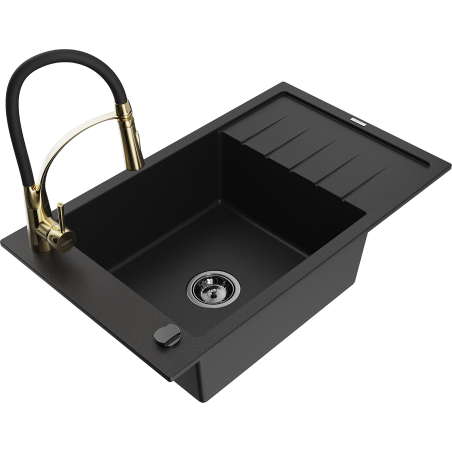 Mexen Elias Granitspüle 1-Becken mit Abtropffläche und Küchenarmatur Aster, schwarz - 6511-77-73450-57-B
