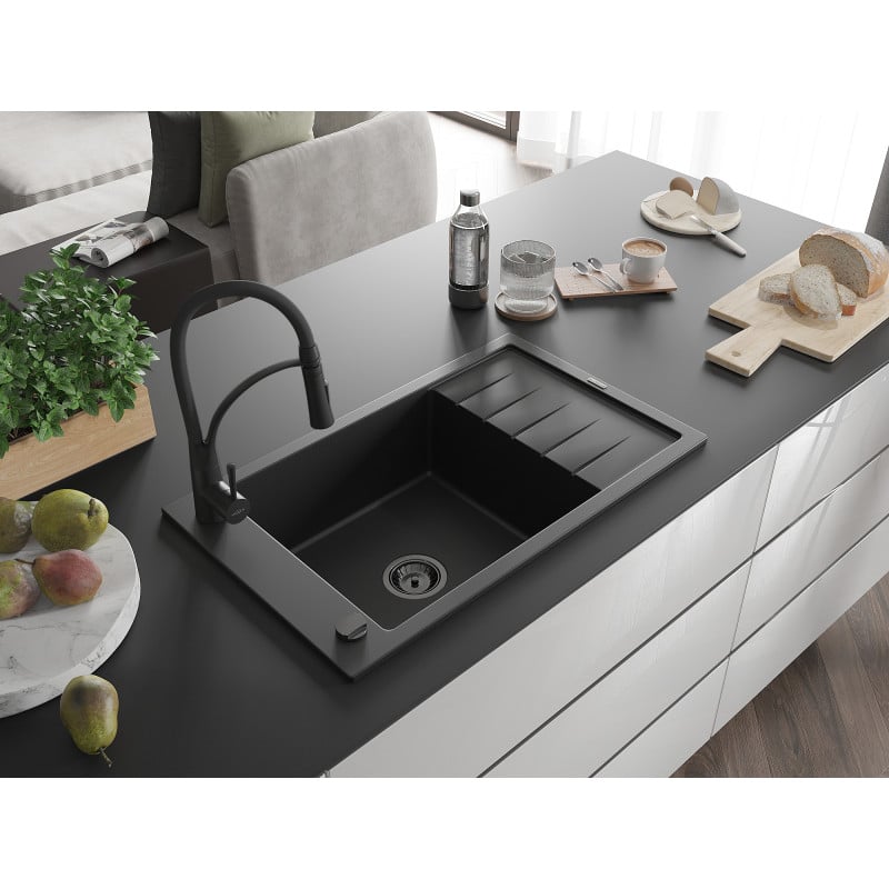 Mexen Elias Granitspüle 1-Becken mit Abtropffläche und Küchenarmatur Aster, schwarz - 6511-77-73450-70-B