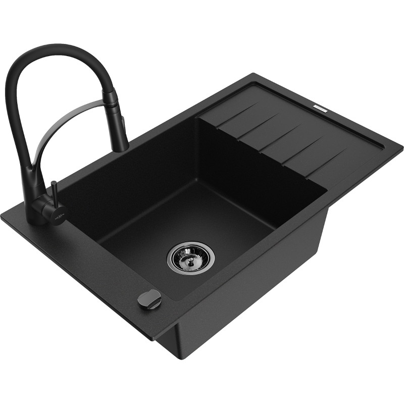 Mexen Elias granitspüle 1-fach mit Abtropffläche und Küchenarmatur Aster, schwarz - 6511-77-73450-70-B