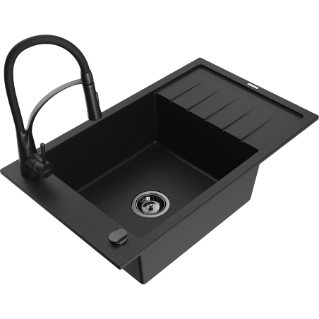 Mexen Elias Granitspüle 1-Becken mit Abtropffläche und Küchenarmatur Aster, schwarz - 6511-77-73450-70-B