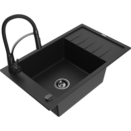 Mexen Elias granitspüle 1-fach mit Abtropffläche und Küchenarmatur Aster, schwarz - 6511-77-73450-70-B