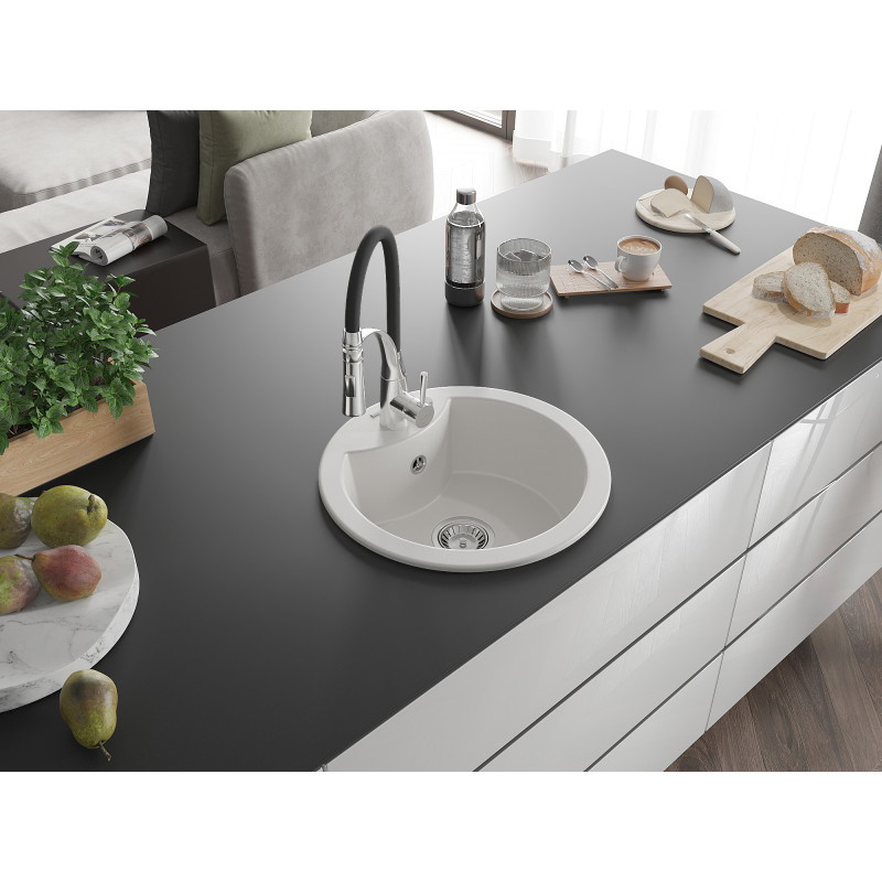 Mexen Diego Granitspüle 1-becken mit Küchenarmatur Aster, weiß - 6512-20-73450-07
