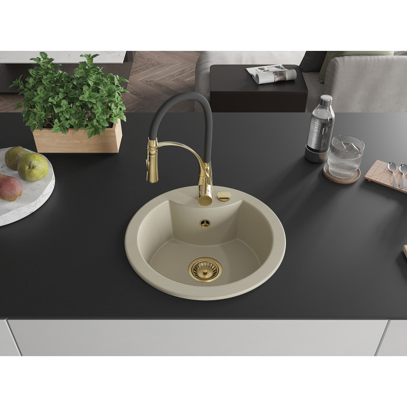 Mexen Diego Granitspüle 1-Becken mit Küchenarmatur Aster, Beige - 6512-69-73450-57-G