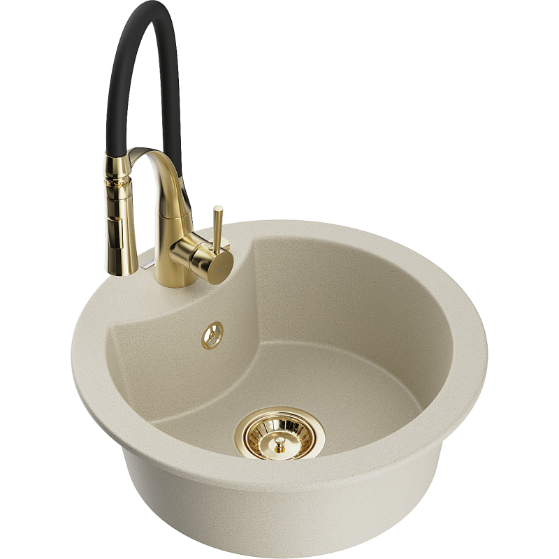 Mexen Diego Granitspüle 1-Becken mit Küchenarmatur Aster, Beige - 6512-69-73450-57-G