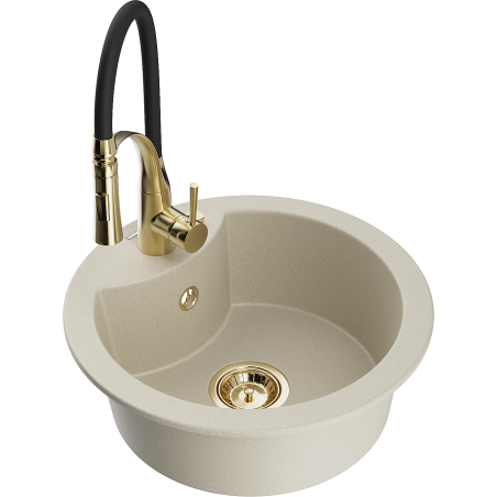 Mexen Diego Granitspüle 1-Becken mit Küchenarmatur Aster, Beige - 6512-69-73450-57-G