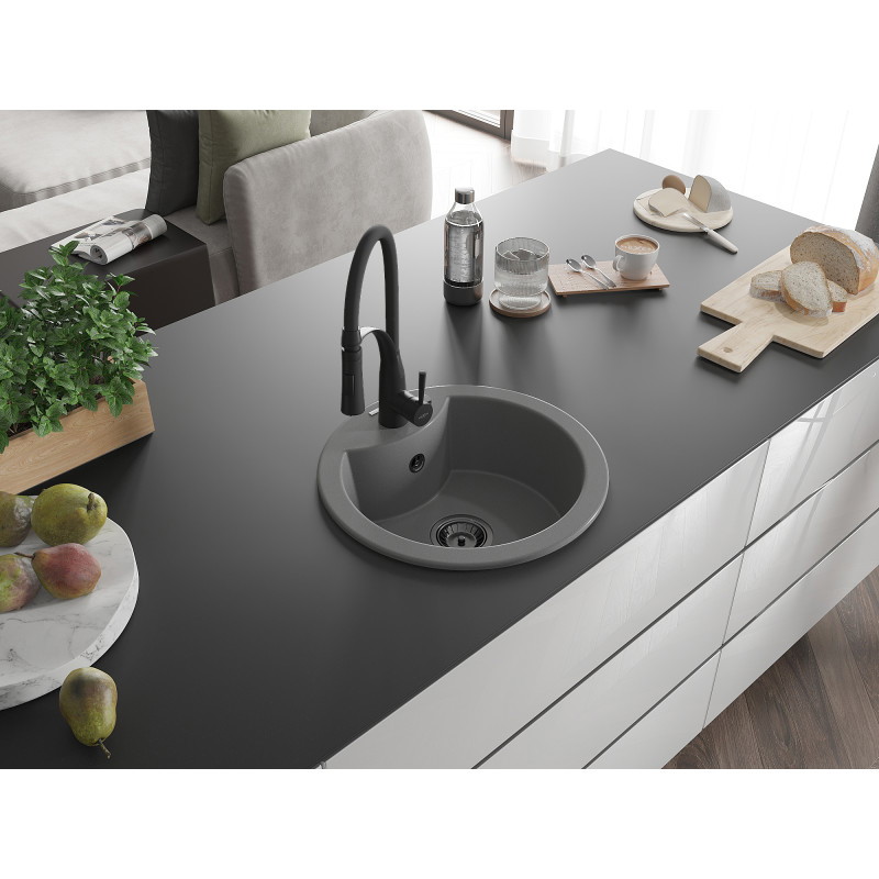Mexen Diego Granitspüle 1-Becken mit Küchenarmatur Aster, grau - 6512-71-73450-70-B