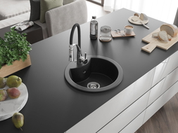 Mexen Diego granitspüle 1-beckig mit Küchenarmatur Aster, schwarz/silber metallic - 6512-73-73450-07