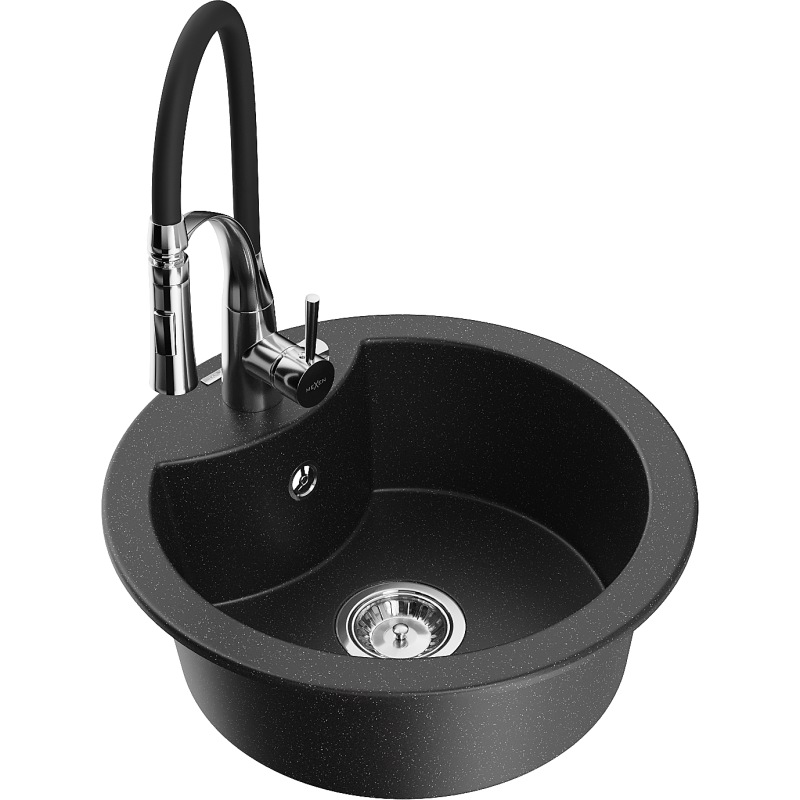 Mexen Diego granitspüle 1-beckig mit Küchenarmatur Aster, schwarz/silber metallic - 6512-73-73450-07