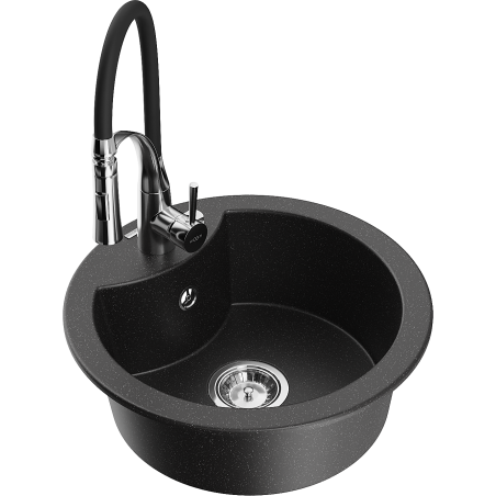 Mexen Diego Granitspüle 1-becken mit Küchenarmatur Aster, schwarz/silber metallic - 6512-73-73450-07