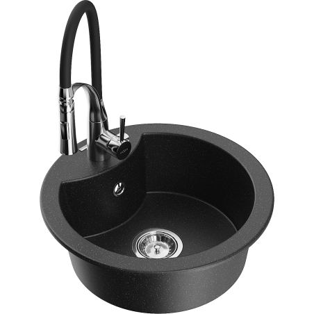 Mexen Diego granitspüle 1-beckig mit Küchenarmatur Aster, schwarz/silber metallic - 6512-73-73450-07