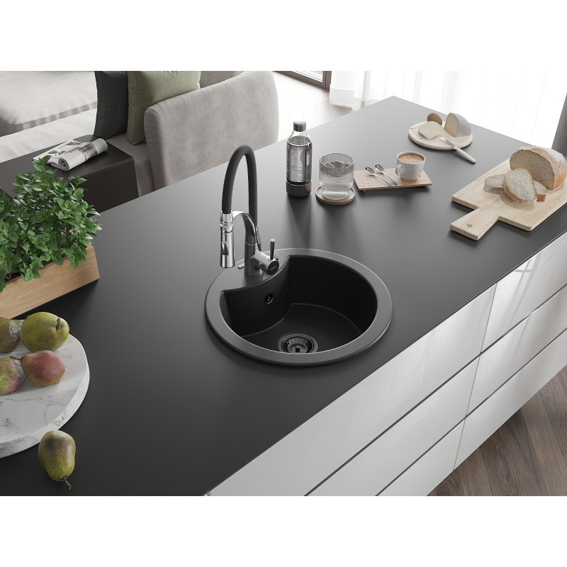 Mexen Diego Granitspüle 1-Becken mit Küchenarmatur Aster, schwarz/silber metallic - 6512-73-73450-07-B