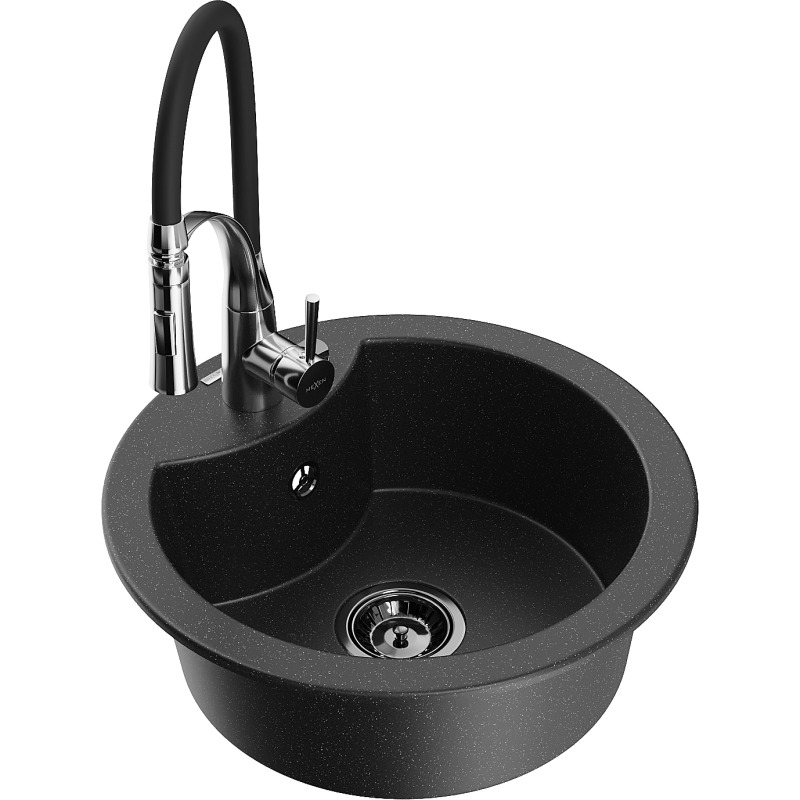 Mexen Diego Granitspüle 1-Becken mit Küchenarmatur Aster, schwarz/silber metallic - 6512-73-73450-07-B