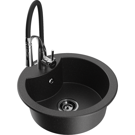 Mexen Diego Granitspüle 1-Becken mit Küchenarmatur Aster, schwarz/silber metallic - 6512-73-73450-07-B