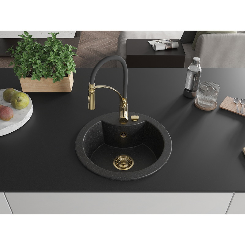 Mexen Diego Granitspüle 1-Kammer mit Küchenarmatur Aster, schwarz/silber Metallic - 6512-73-73450-57-G