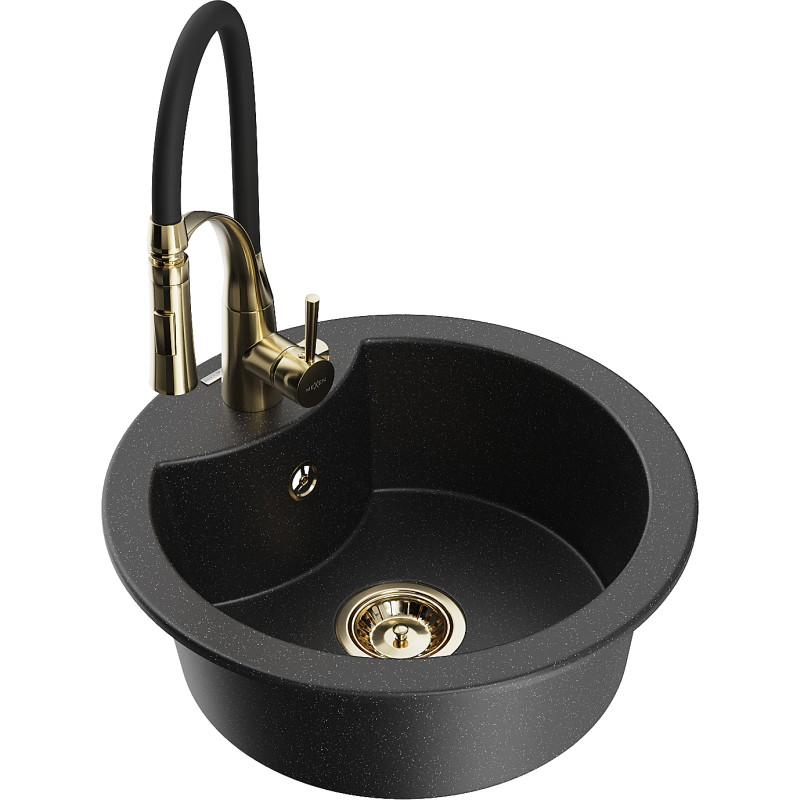 Mexen Diego Granitspüle 1-Becken mit Küchenarmatur Aster, schwarz/silber metallic - 6512-73-73450-57-G