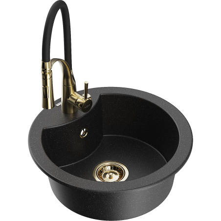 Mexen Diego Granitspüle 1-Kammer mit Küchenarmatur Aster, schwarz/silber Metallic - 6512-73-73450-57-G