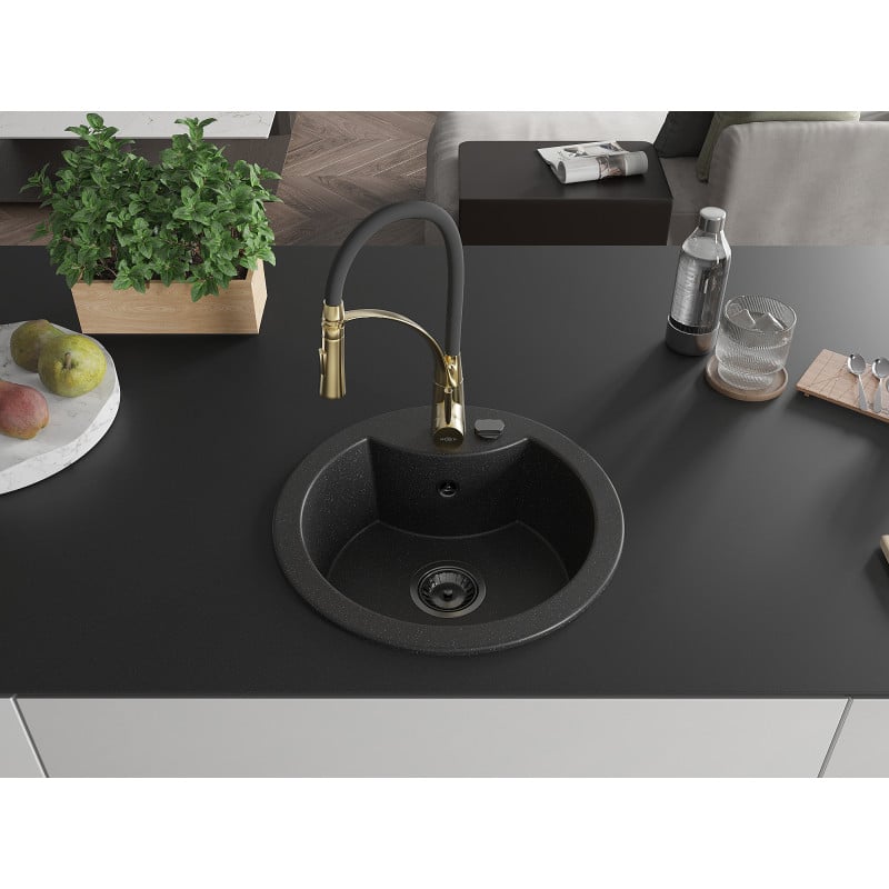 Mexen Diego Granitspüle 1-beckig mit Küchenarmatur Aster, schwarz/silber metallic - 6512-73-73450-57-B