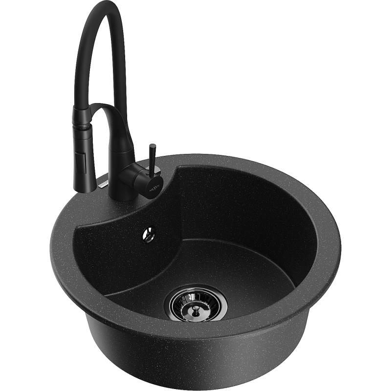 Mexen Diego Granitspüle 1-Becken mit Küchenarmatur Aster, schwarz/silber metallisch - 6512-73-73450-70-B