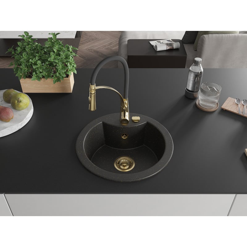 Mexen Diego Granitspüle 1-beckig mit Küchenarmatur Aster, schwarz/gold metallic - 6512-75-73450-57-G