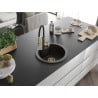Mexen Diego Granitspüle 1-beckig mit Küchenarmatur Aster, schwarz/gold metallic - 6512-75-73450-57-G