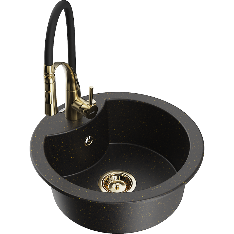 Mexen Diego Granitspüle 1-beckig mit Küchenarmatur Aster, schwarz/gold metallic - 6512-75-73450-57-G