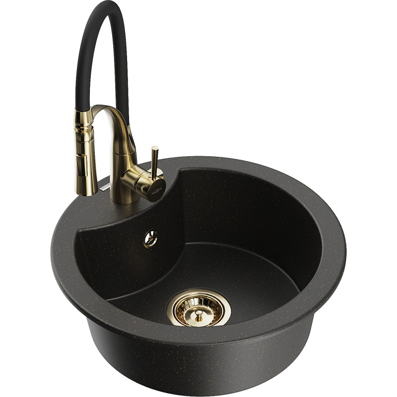 Mexen Diego Granitspüle 1-Kammer mit Küchenarmatur Aster, schwarz/gold metallic - 6512-75-73450-57-G