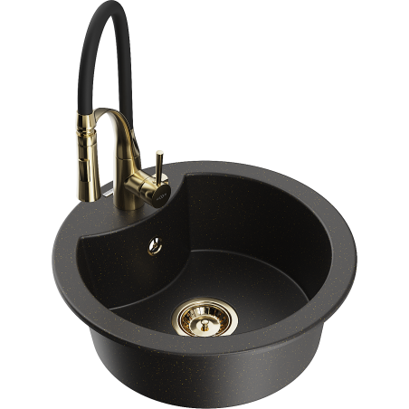 Mexen Diego Granitspüle 1-Becken mit Küchenarmatur Aster, schwarz/goldener Metallik - 6512-75-73450-57-G