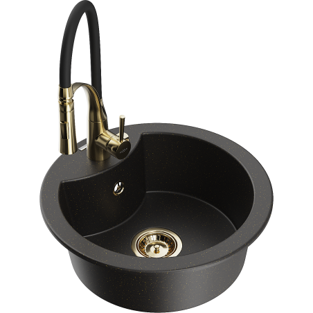 Mexen Diego Granitspüle 1-beckig mit Küchenarmatur Aster, schwarz/gold metallic - 6512-75-73450-57-G