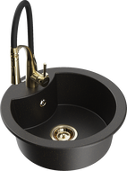 Mexen Diego Granitspüle 1-beckig mit Küchenarmatur Aster, schwarz/gold metallic - 6512-75-73450-57-G