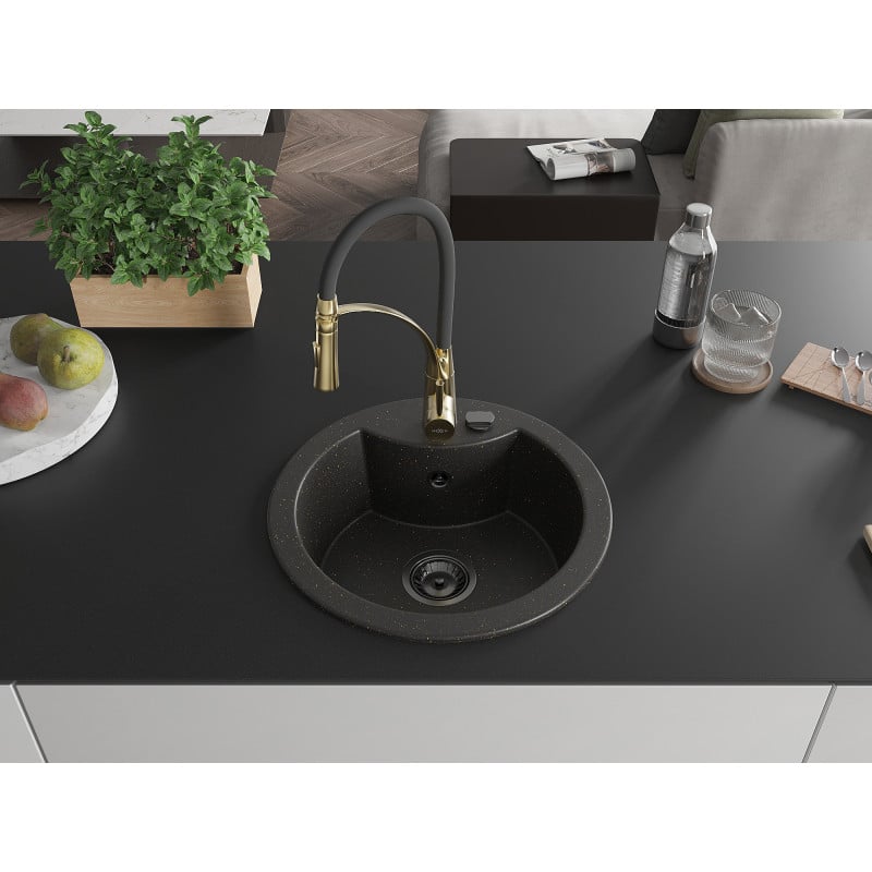 Mexen Diego Granitspüle 1-Becken mit Küchenarmatur Aster, schwarz/gold metallic - 6512-75-73450-57-B