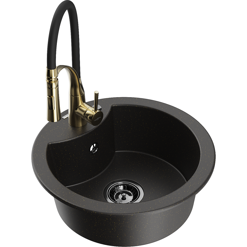 Mexen Diego Granitspüle 1-Becken mit Küchenarmatur Aster, schwarz/gold metallic - 6512-75-73450-57-B