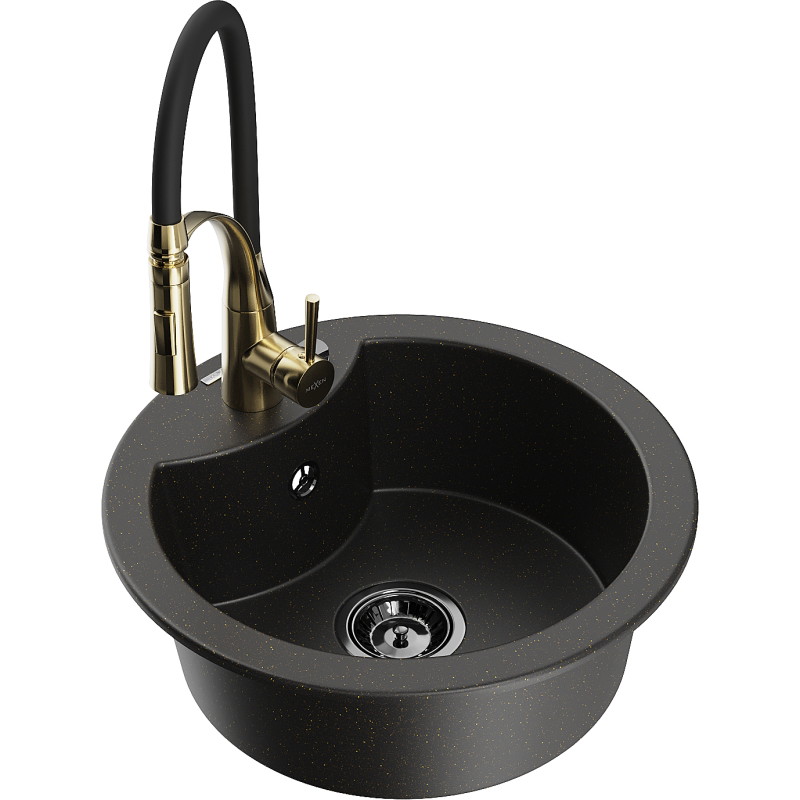 Mexen Diego Granitspüle 1-Becken mit Küchenarmatur Aster, schwarz/gold metallisch - 6512-75-73450-57-B