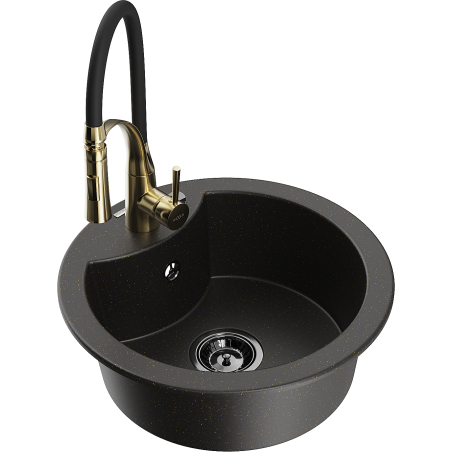 Mexen Diego Granitspüle 1-Becken mit Küchenarmatur Aster, schwarz/gold metallic - 6512-75-73450-57-B