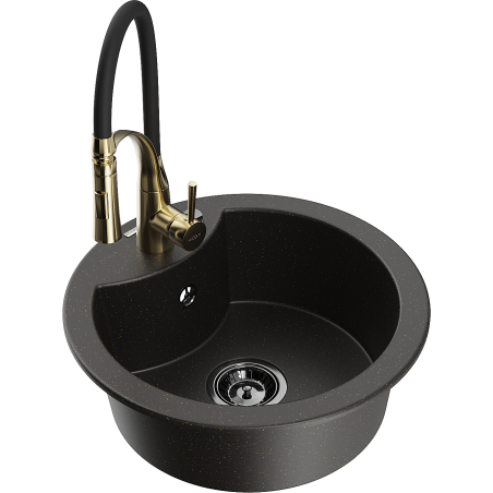 Mexen Diego Granitspüle 1-Becken mit Küchenarmatur Aster, schwarz/gold metallisch - 6512-75-73450-57-B