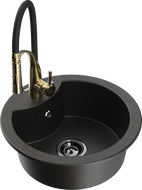 Mexen Diego Granitspüle 1-Becken mit Küchenarmatur Aster, schwarz/gold metallic - 6512-75-73450-57-B