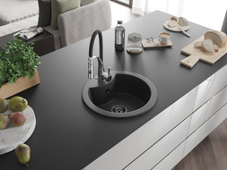 Mexen Diego 1-Kammer Granitspüle mit Küchenarmatur Aster, schwarz gesprenkelt - 6512-76-73450-07-B