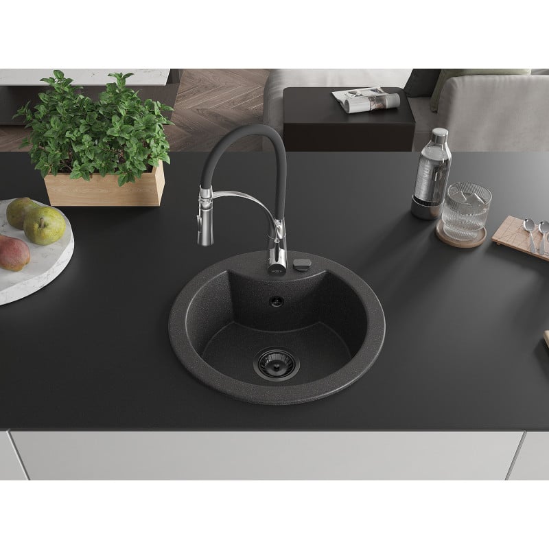 Mexen Diego 1-Kammer Granitspüle mit Küchenarmatur Aster, schwarz gesprenkelt - 6512-76-73450-07-B