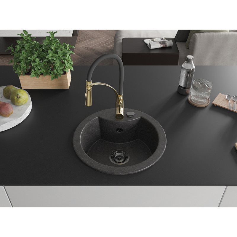 Mexen Diego 1-Kammer Granitspüle mit Küchenarmatur Aster, schwarz gesprenkelt - 6512-76-73450-57-B