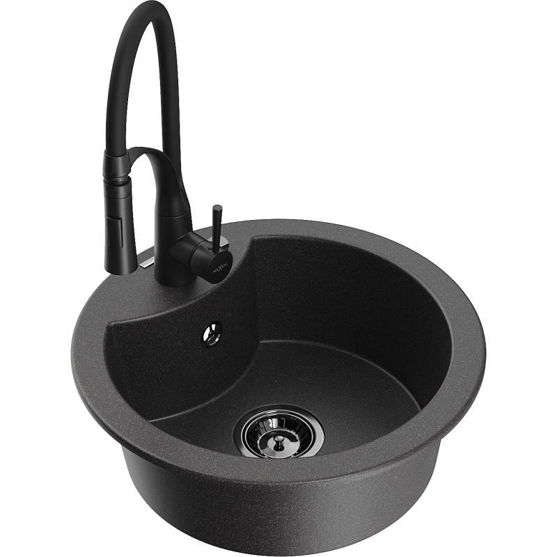 Mexen Diego Granitspüle 1-Becken mit Küchenarmatur Aster, Schwarz gesprenkelt - 6512-76-73450-70-B