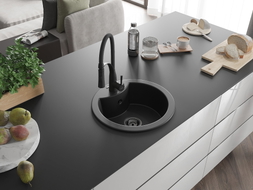 Mexen Diego Granitspüle 1-Becken mit Küchenarmatur Aster, schwarz - 6512-77-73450-70-B