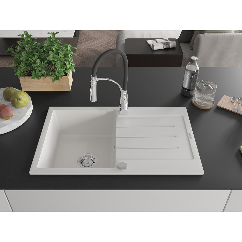 Mexen Bruno Granitspüle 1-Becken mit Abtropffläche und Küchenarmatur Aster, weiß - 6513-20-73450-07