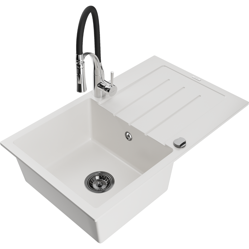 Mexen Bruno Granitspüle 1-Becken mit Abtropffläche und Küchenarmatur Aster, weiß - 6513-20-73450-07-B